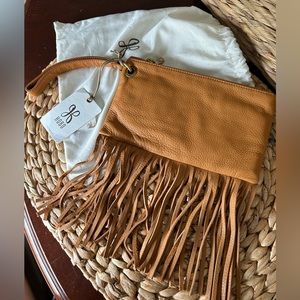 Hobo International Flutter Fringe Brown Caramel Wristlet Clutch Bag NWT